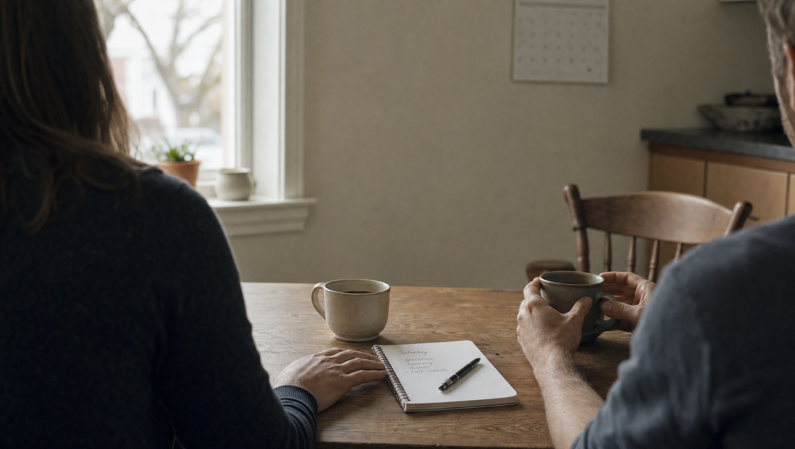 Two mugs and a notepad on a kitchen table where a family talks through hospice vs palliative care
