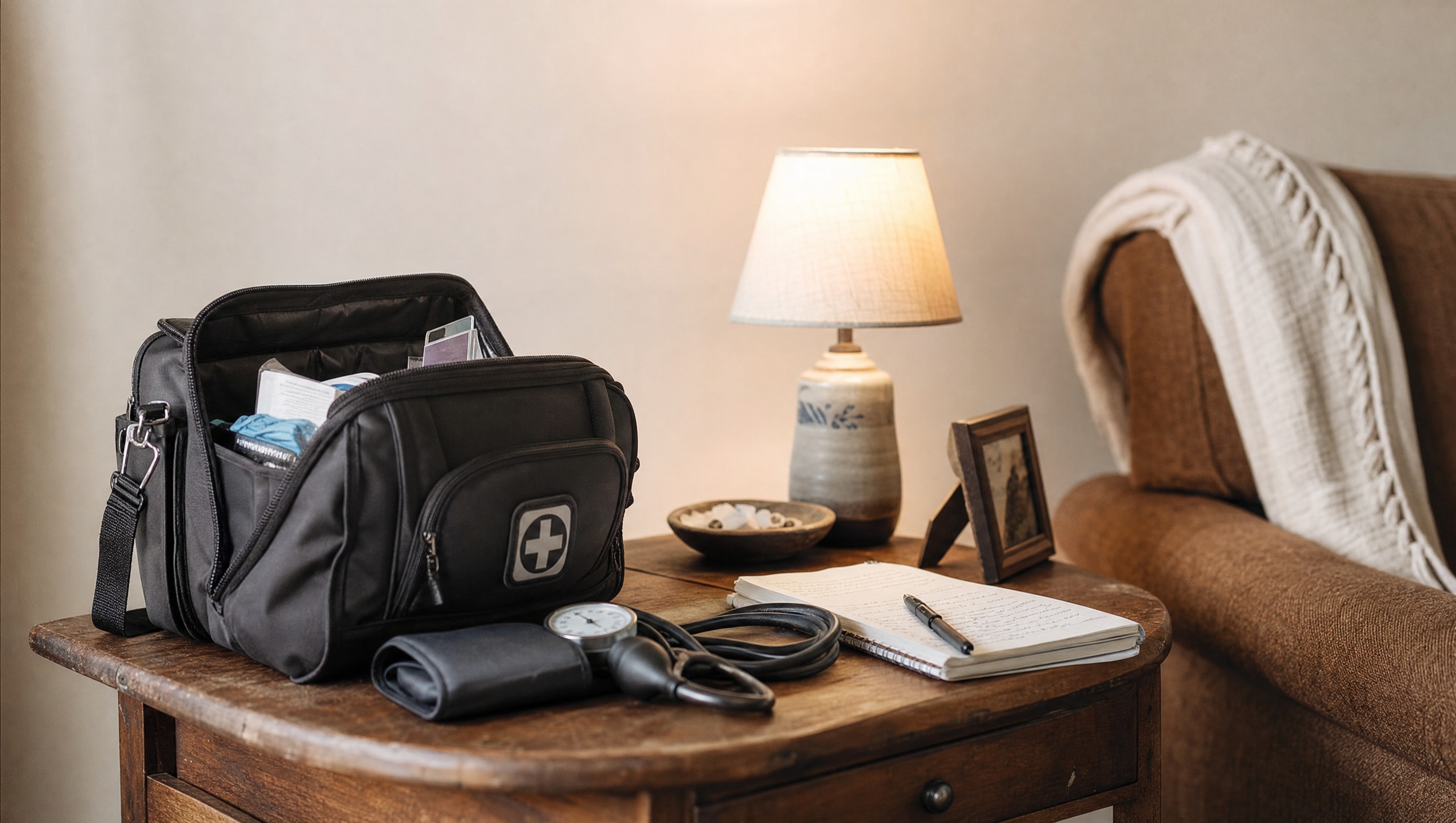 Hospice nurse's bag and blood pressure cuff set down on a living room side table by a lamp