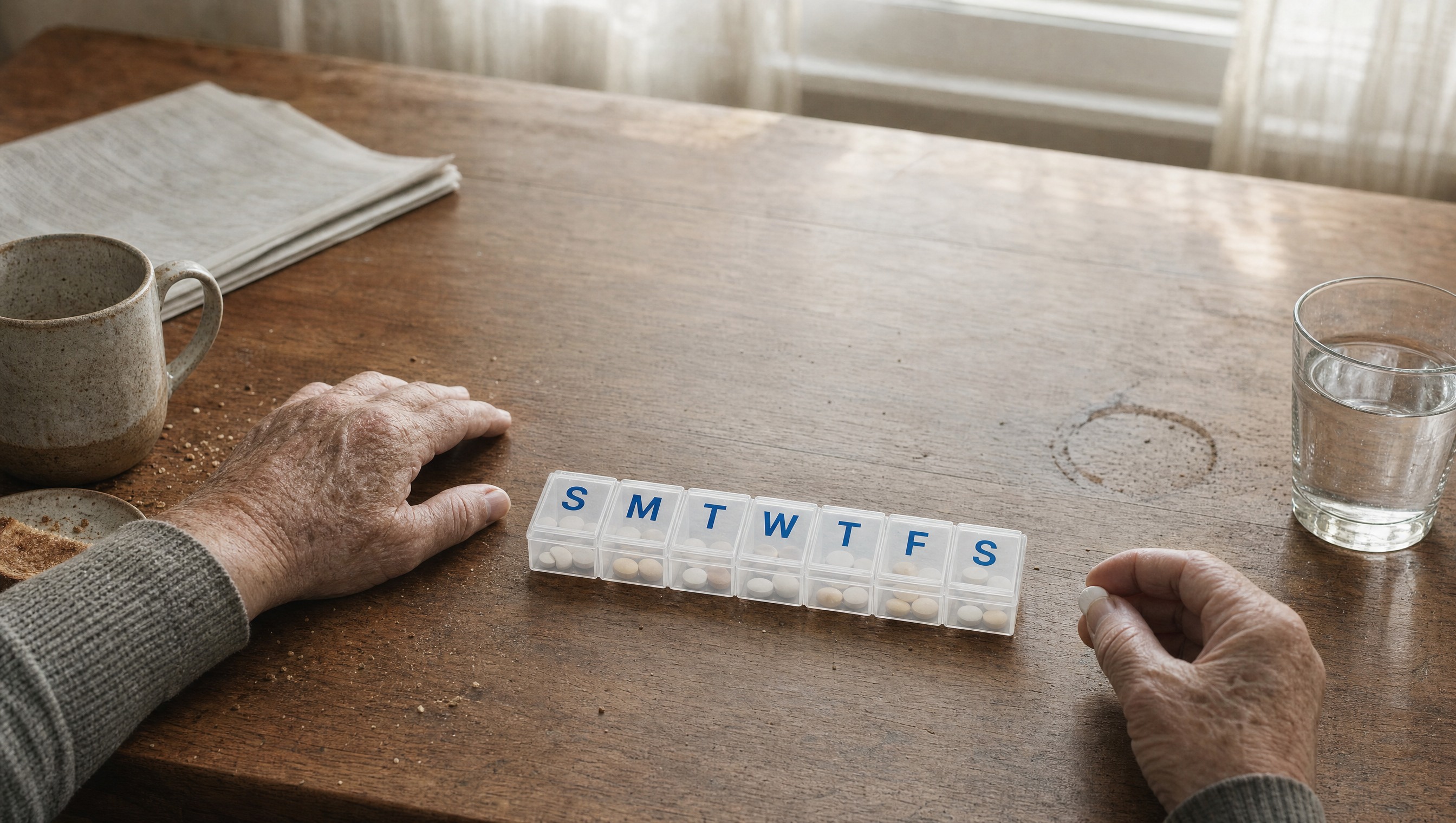 Hand resting on a pill organizer and water glass on a kitchen table beside a folded newspaper
