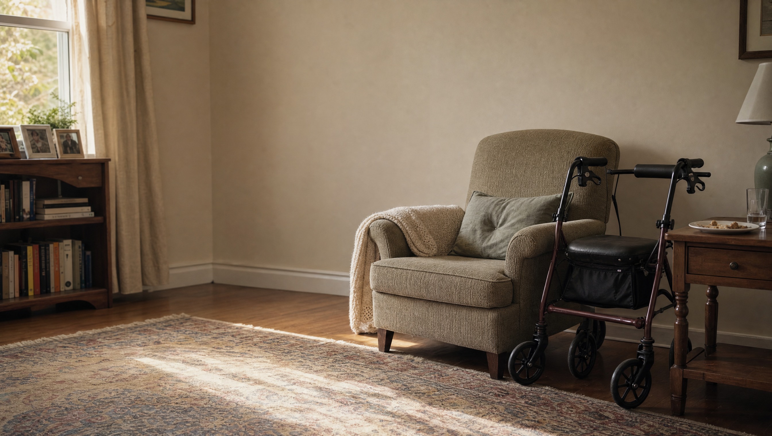 Empty armchair with a folded blanket and a walker parked beside it in afternoon light