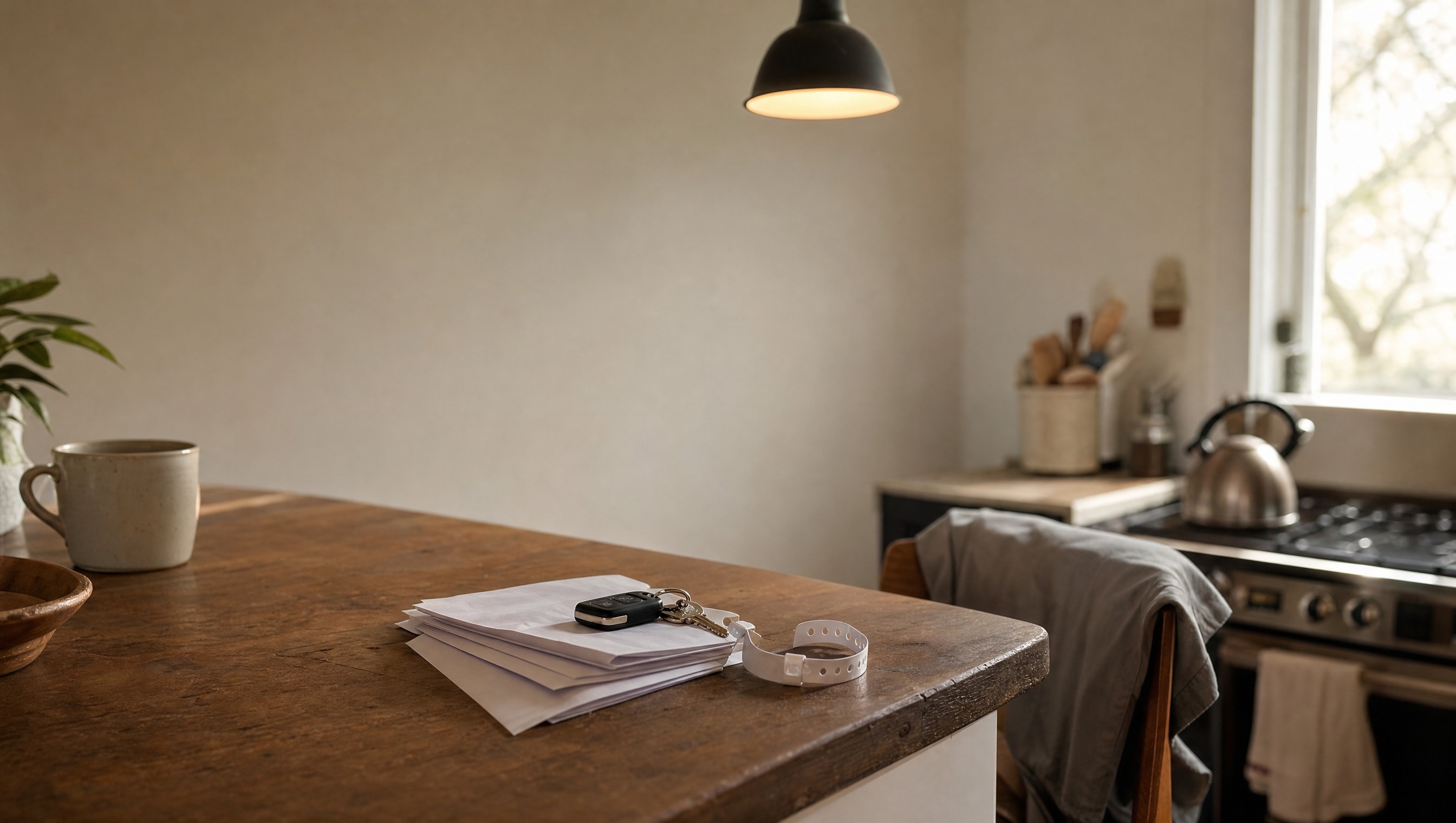 Hospital discharge papers and car keys left on a kitchen counter after another trip home