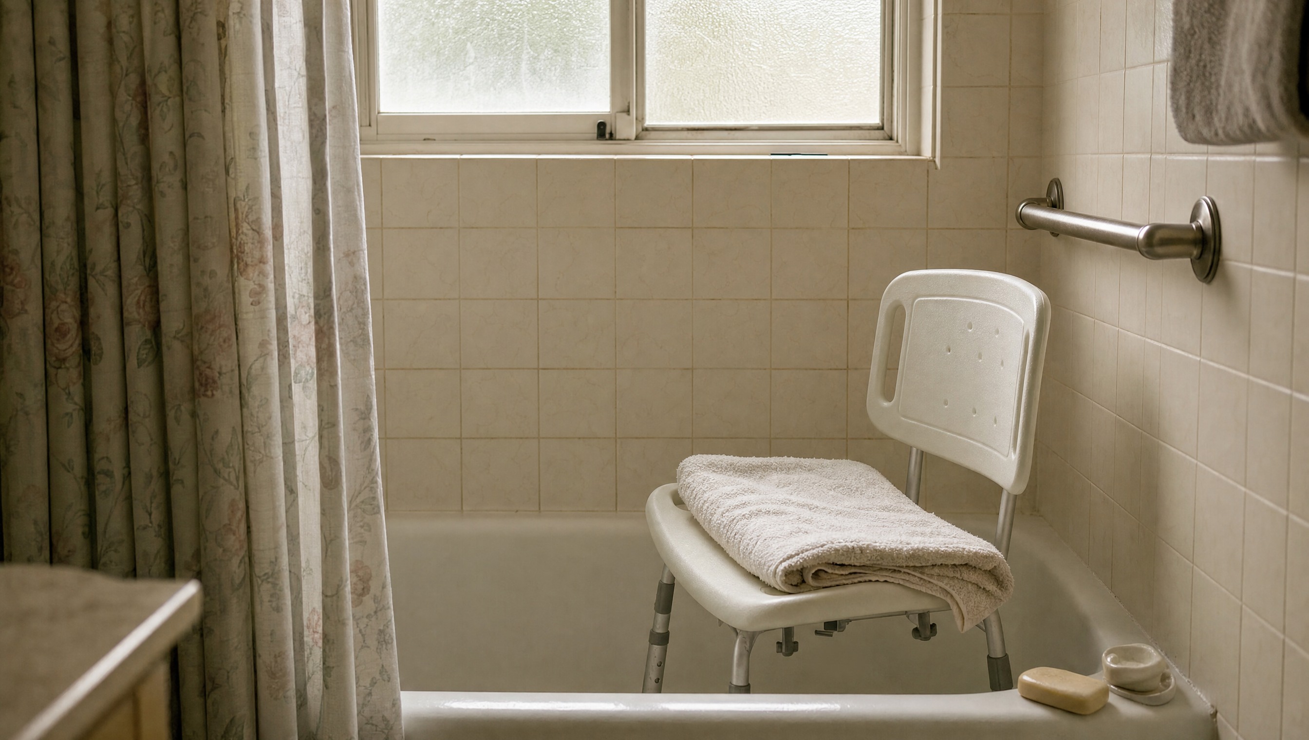 Folded towel on a shower chair beside a grab bar in a home bathroom