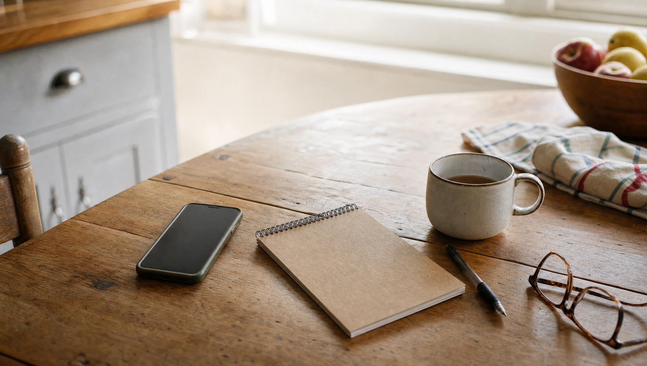 Phone and notepad on a kitchen table for a family deciding when it is time for hospice